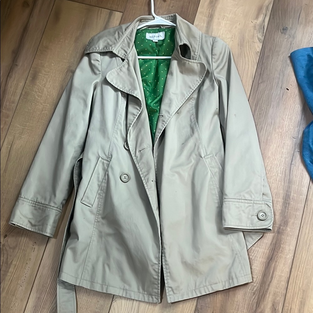 Tan Trench Coat with Green Polka Dot Lining